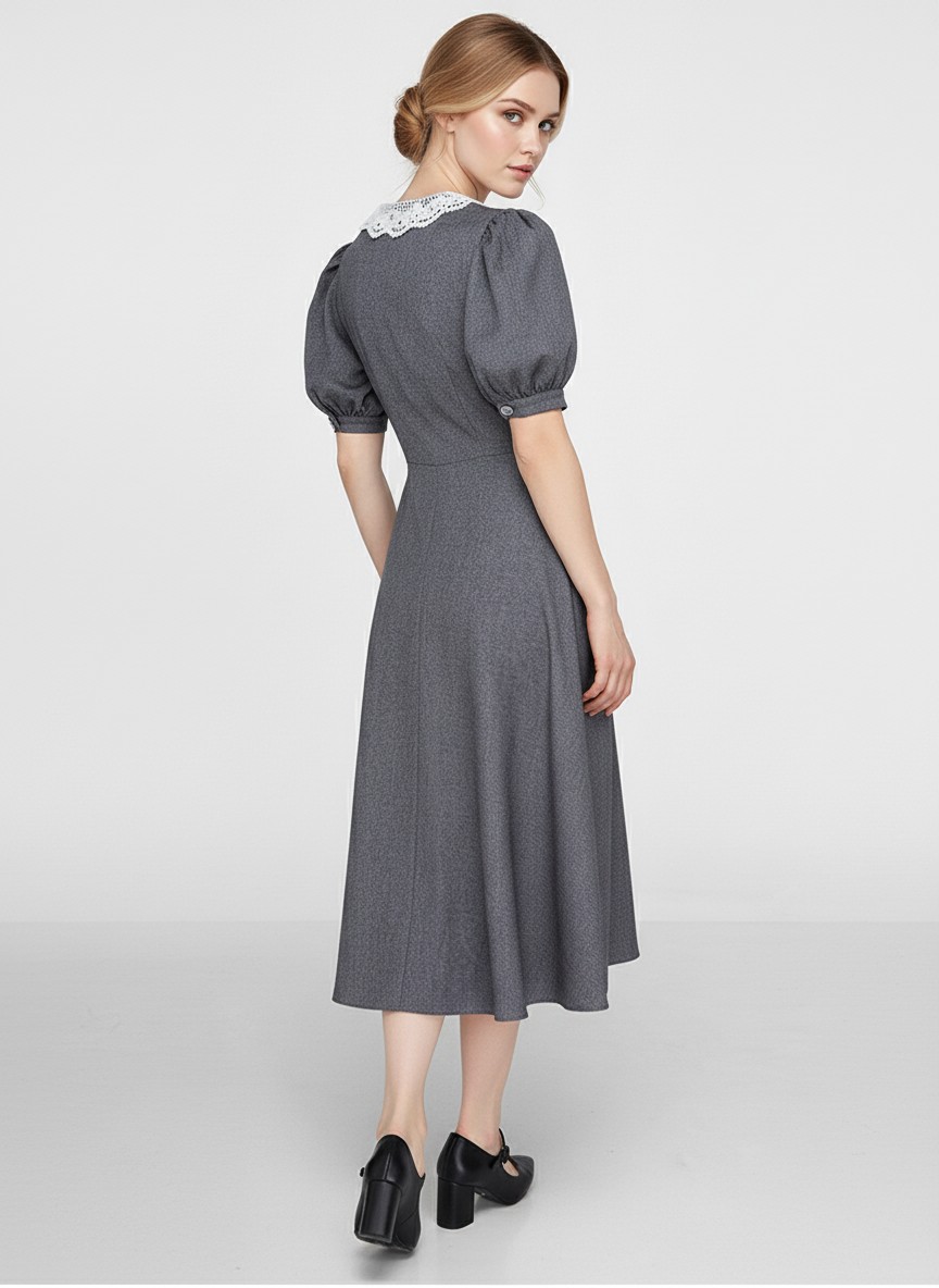 Платье миди с кружевным воротником OD-888-1, серый