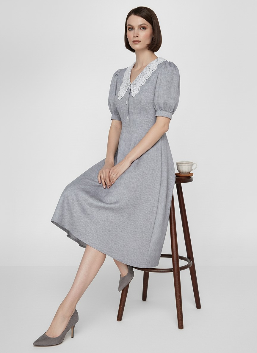 Платье с кружевным воротником  OD-888-2 св. серый