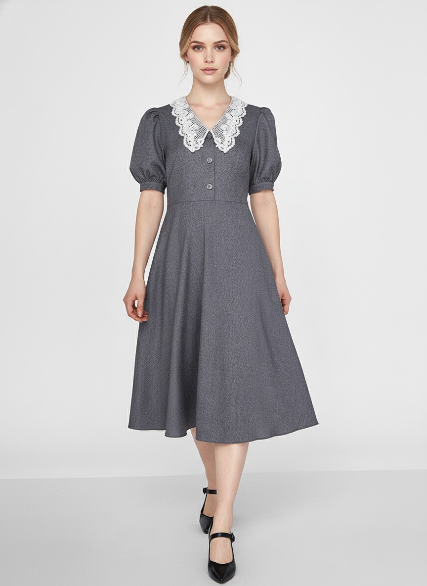 Платье миди с кружевным воротником OD-888-1, серый