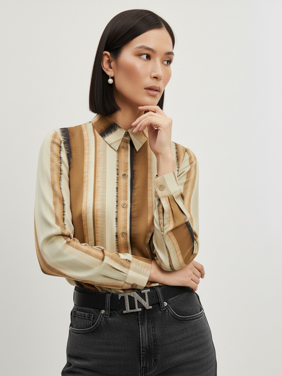 Блузка из атласной ткани OD-887-6 коричневый с серой полосой