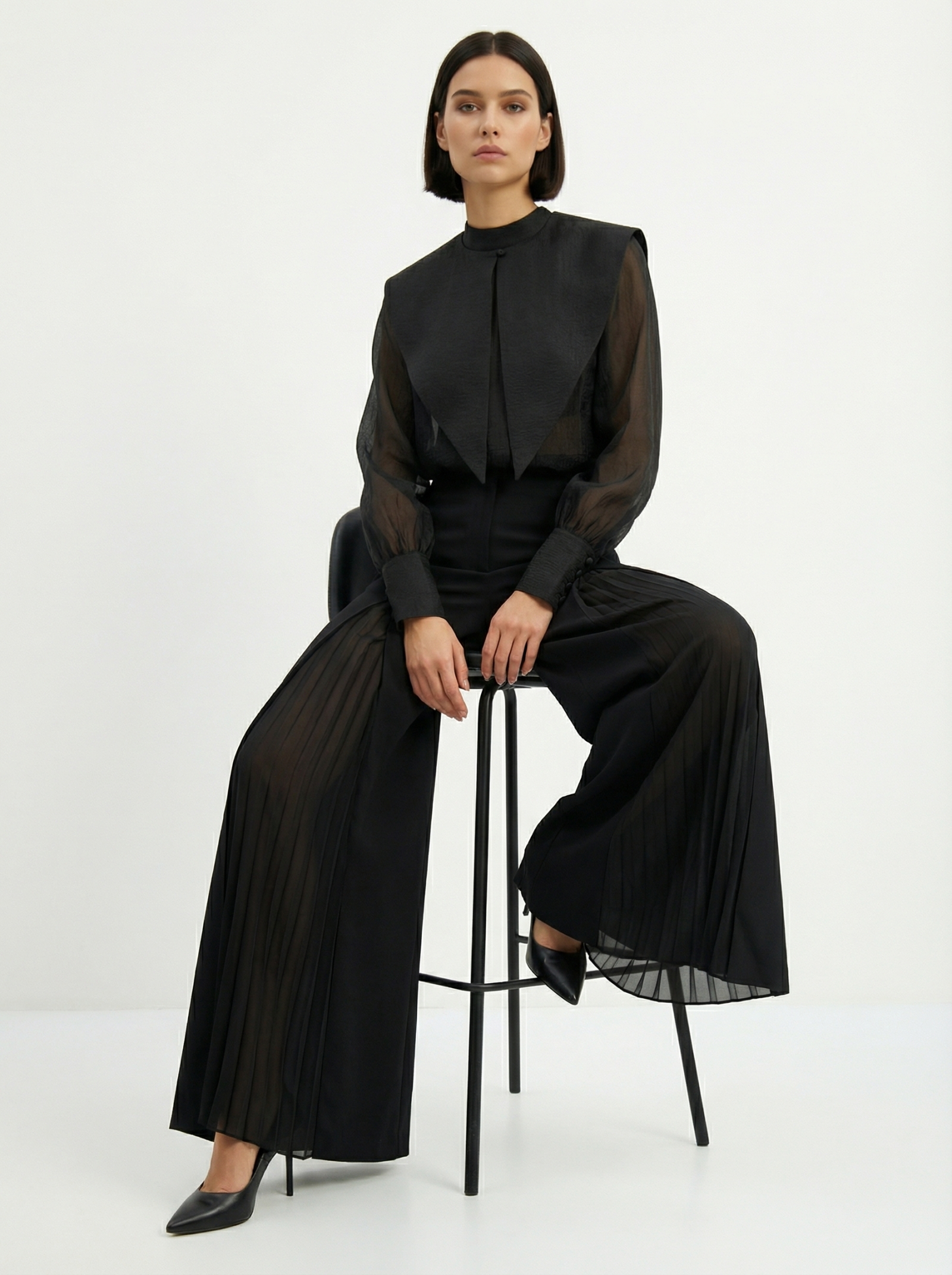 Блузка из органзы со съемным воротником OD-930-3 черный