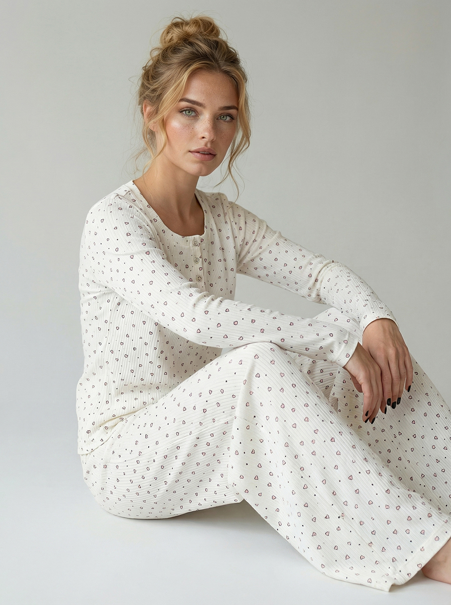 Пижама с принтом сердечки OD-1011-1 молочный