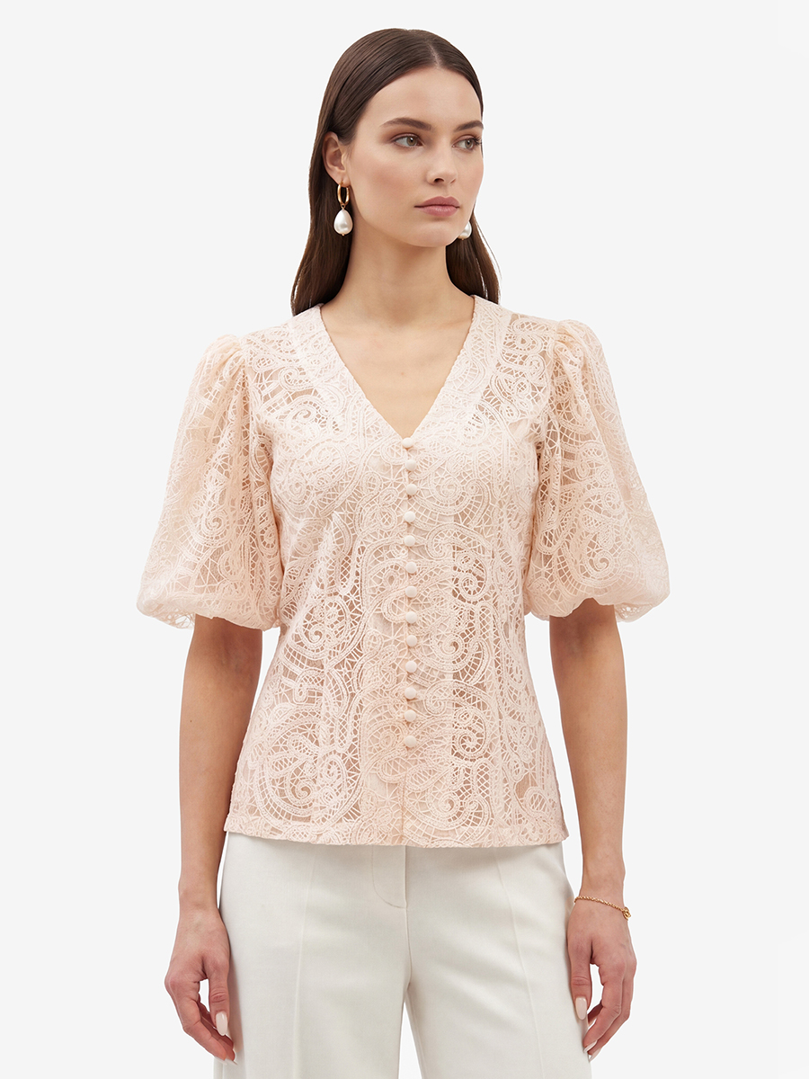 Блузка кружевная приталенная с объемным рукавом, лосось OD-1038-3