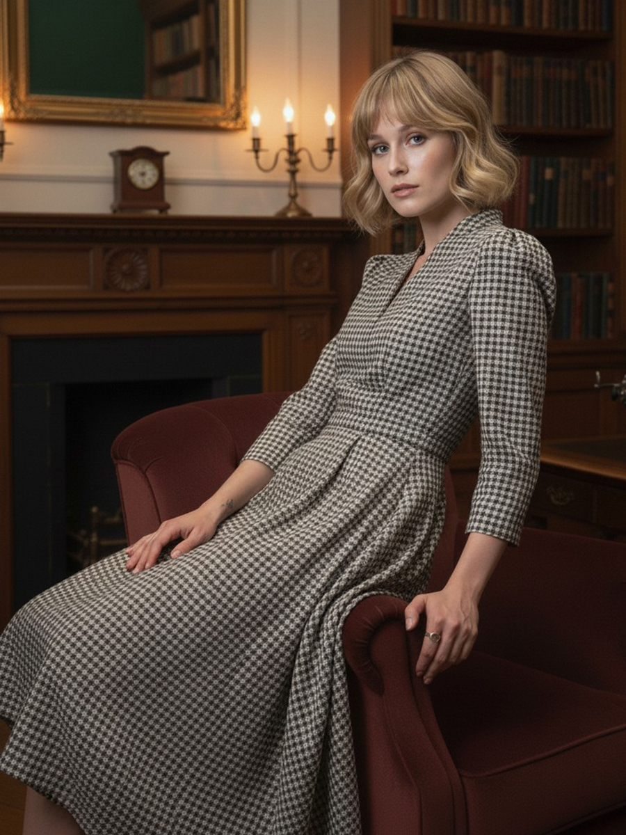 Платье с воротником стойка  OD-885-2 клетка сливочно-коричневая