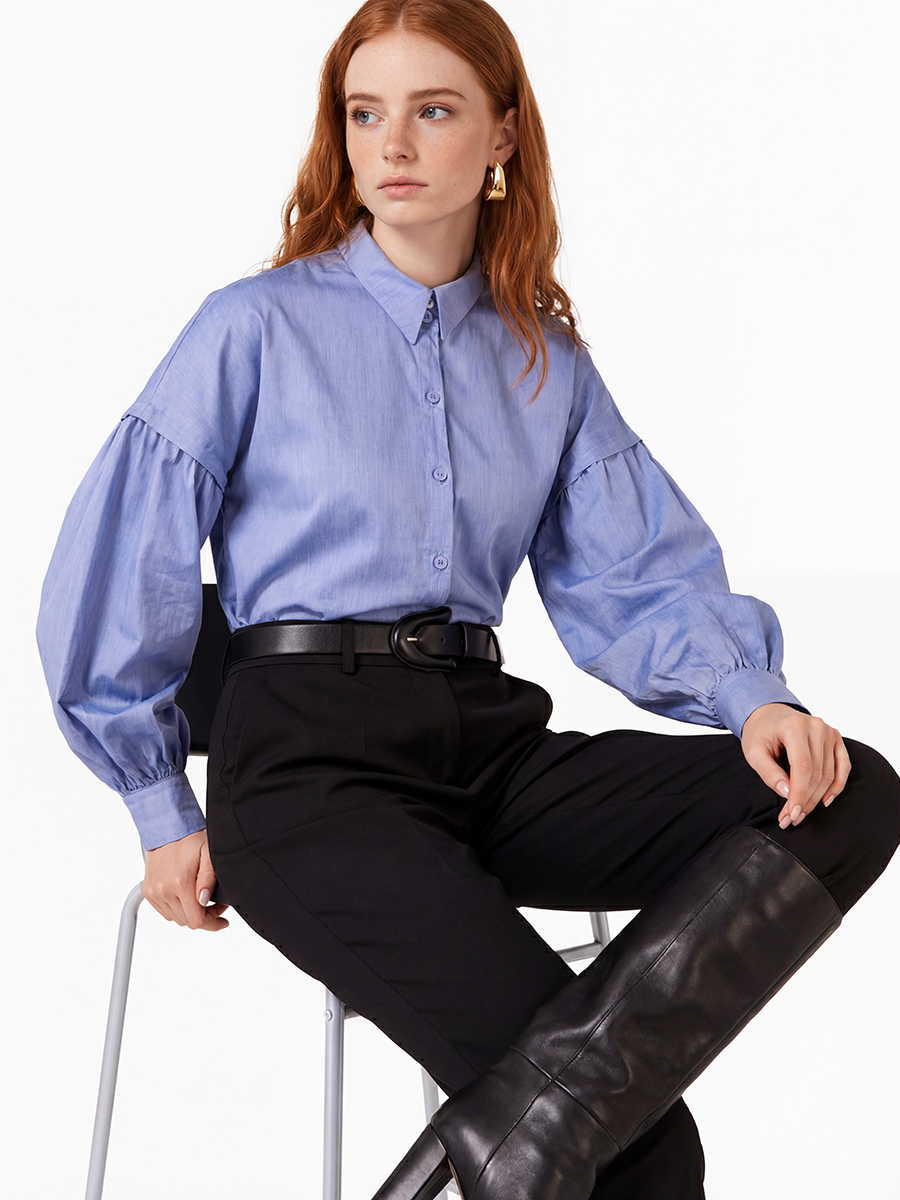 Рубашка с пышным рукавом OD-879-3 голубой джинс