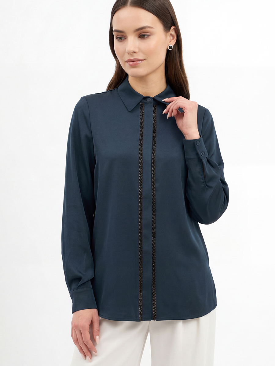 Блуза с узкой бисерной тесьмой OD-1016-1 темно-синий