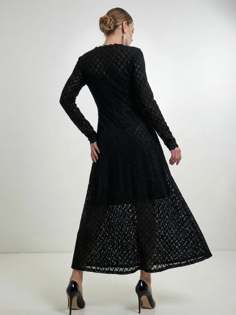 Платье из трикотажного кружева на подкладке с V-образным вырезом, черный, с фестонами