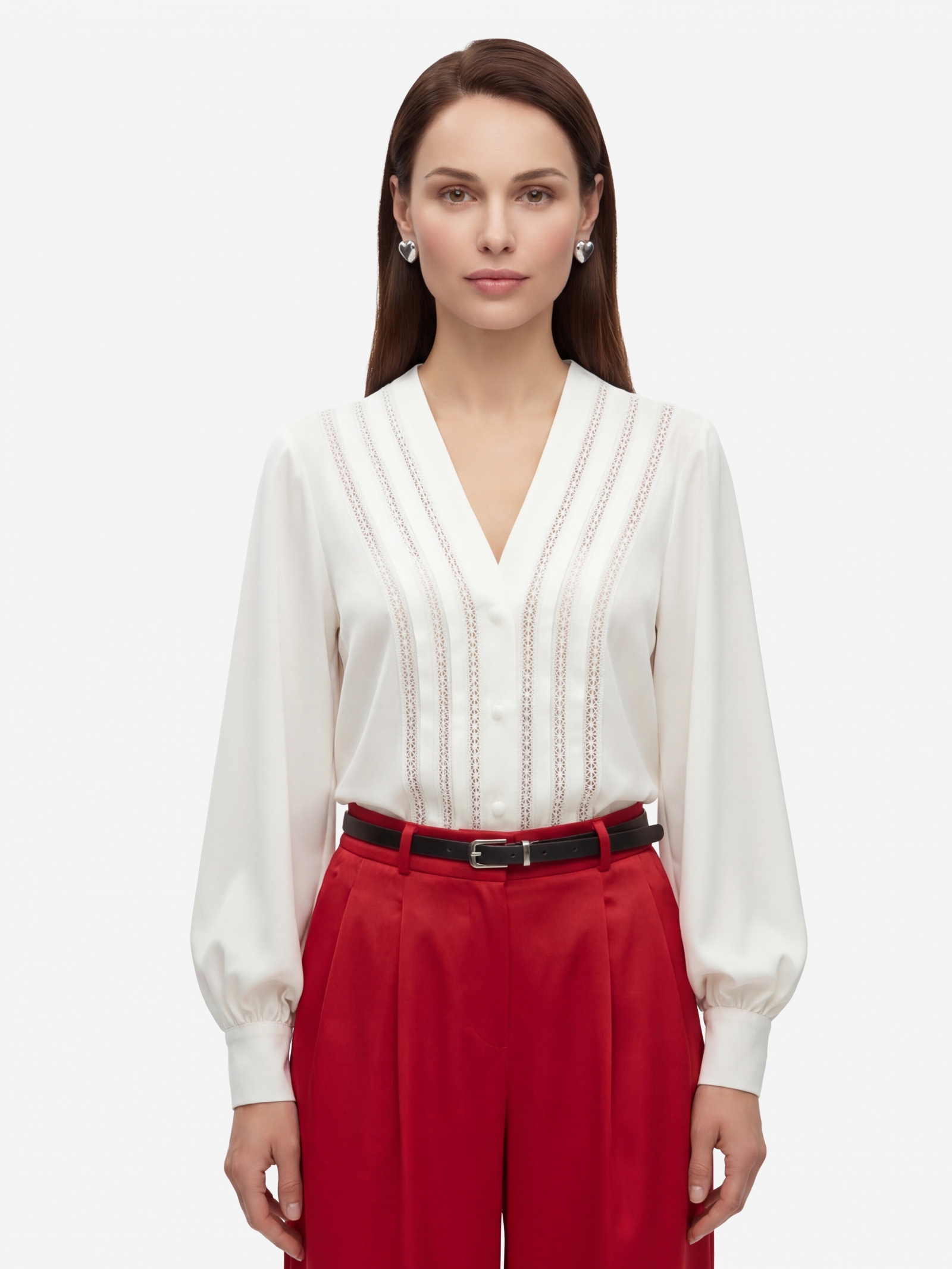 Блузка с V-образным вырезом и кружевом OD-1014-1 белый