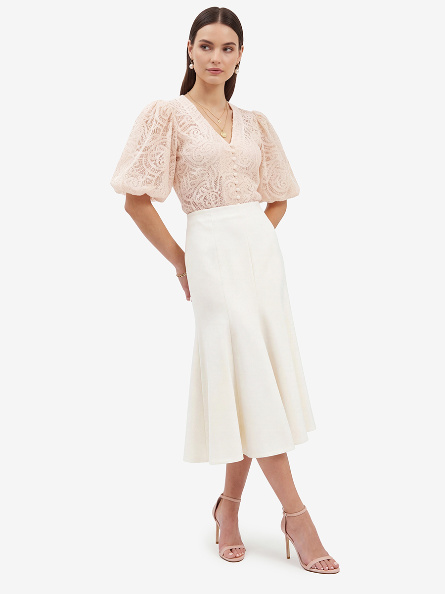 Блузка кружевная приталенная с объемным рукавом, лосось OD-1038-3