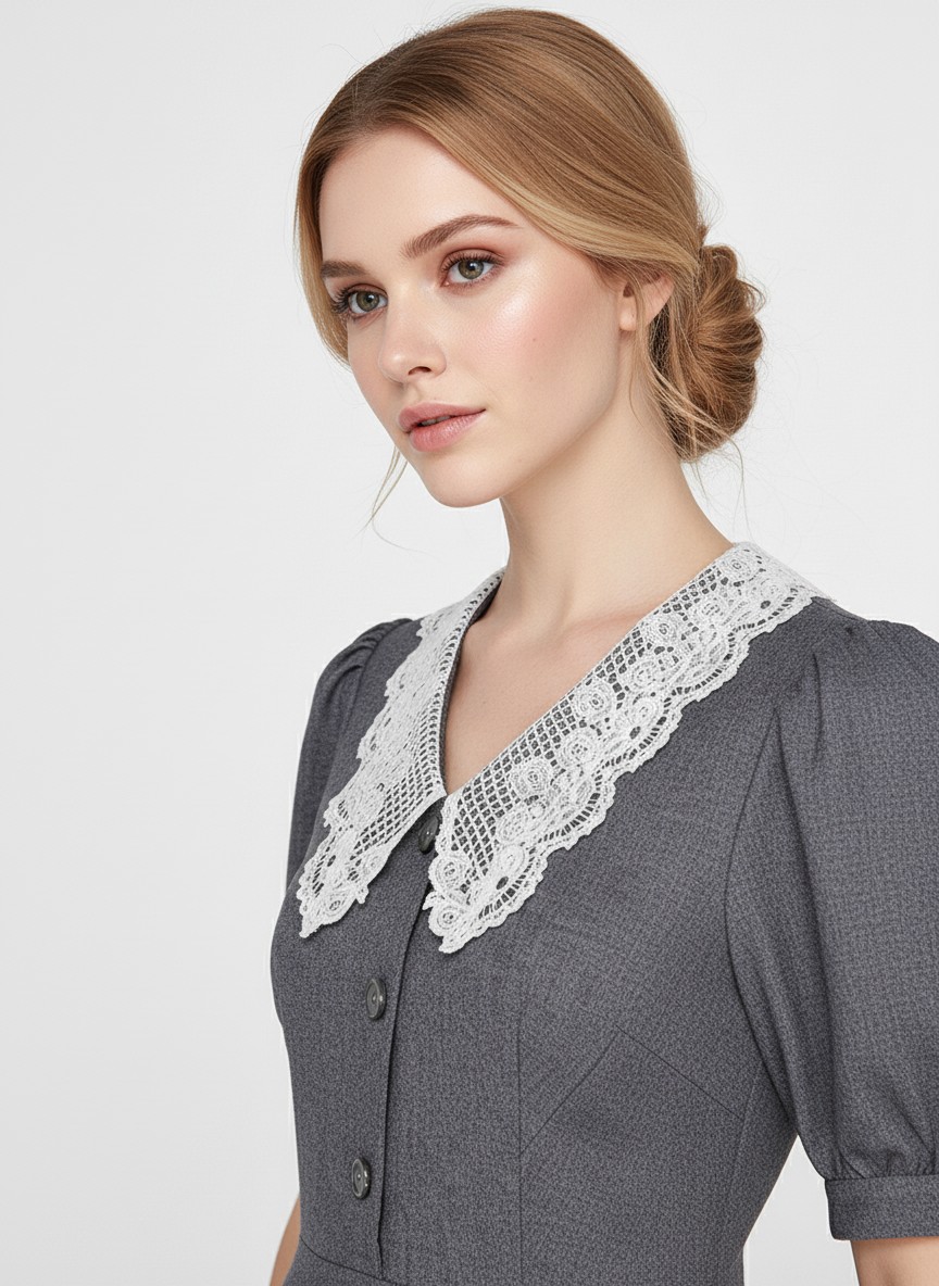 Платье миди с кружевным воротником OD-888-1, серый