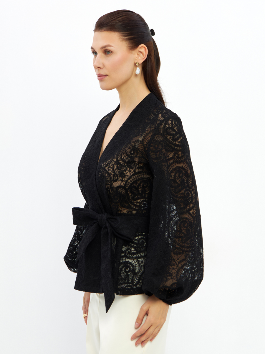 Блузка из кружева с баской и поясом OD-1033-2 черный
