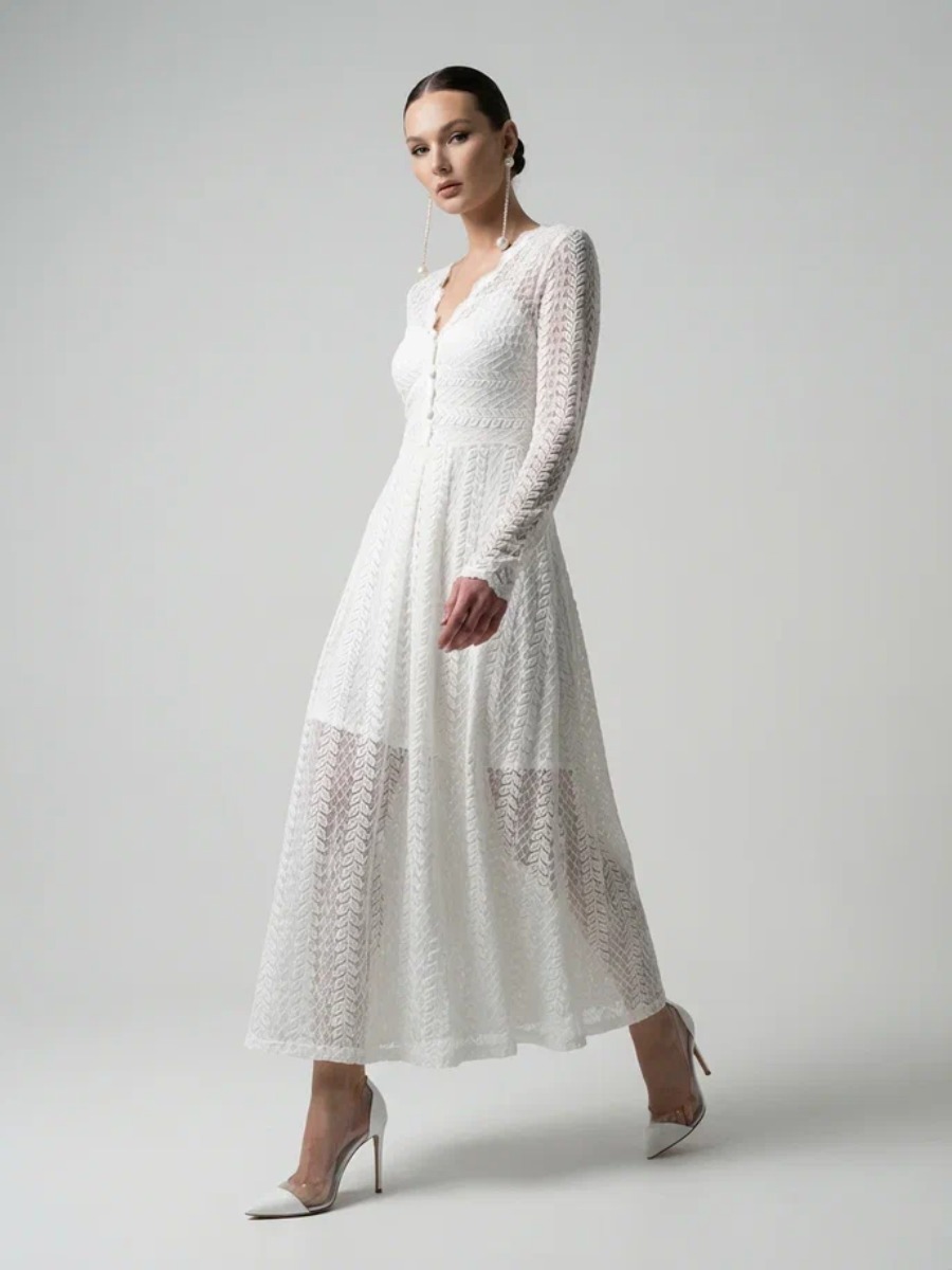 Платье из трикотажного кружева на подкладке с V-образным вырезом, белое OD-1017-2