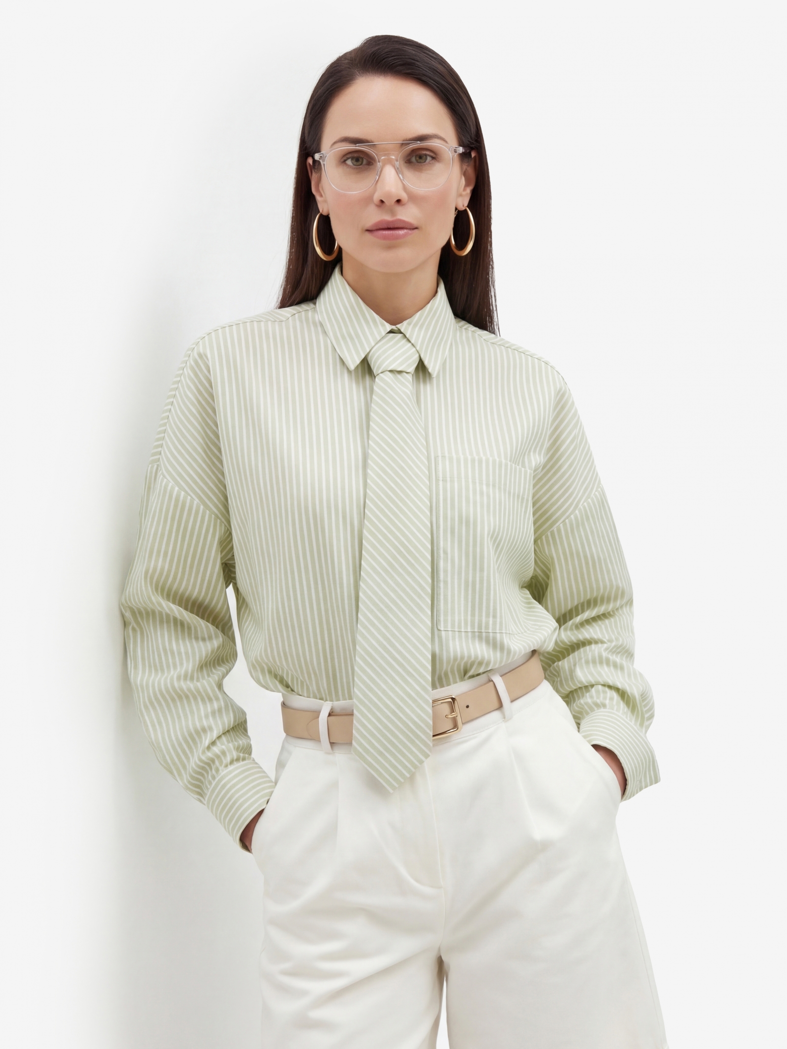 Рубашка из хлопка в полоску с галстуком OD-1031-1 зеленый