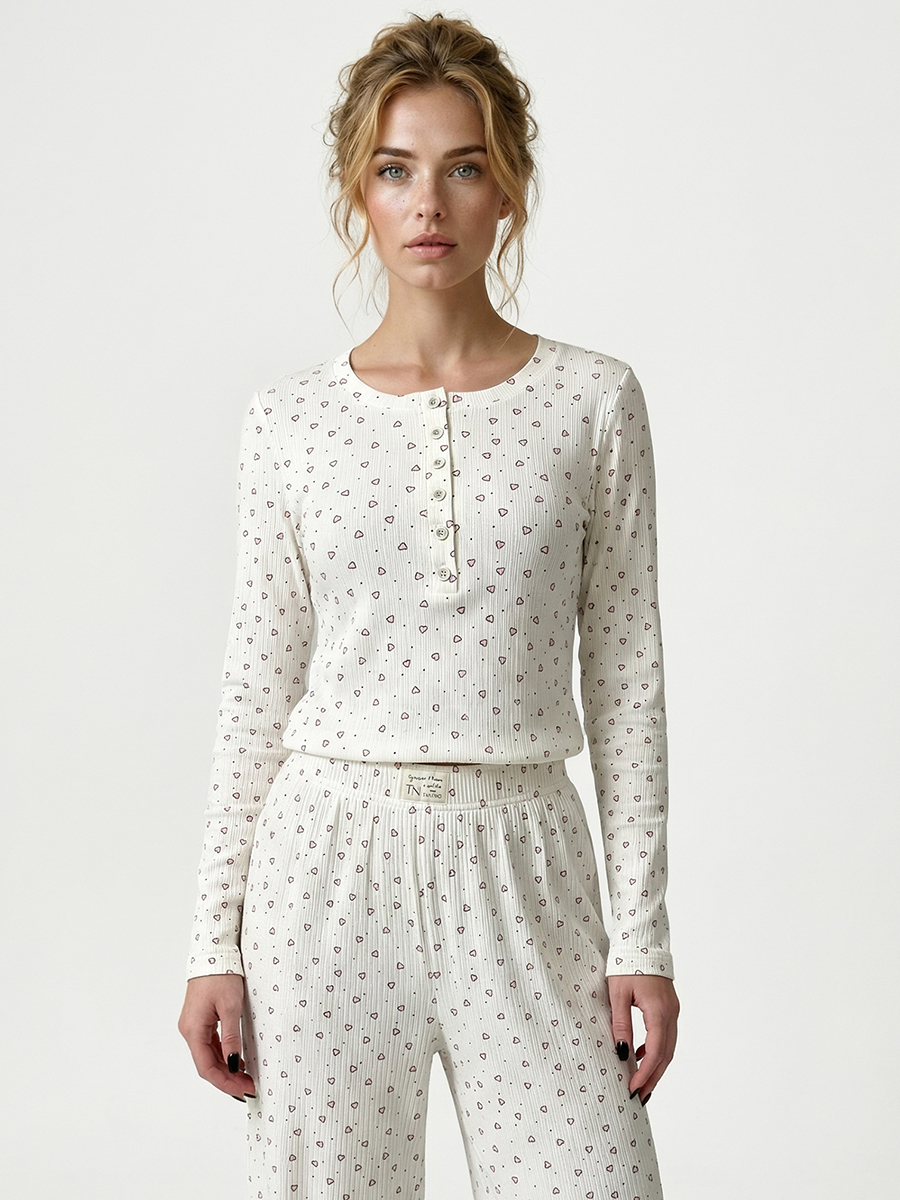 Пижама с принтом сердечки OD-1011-1 молочный