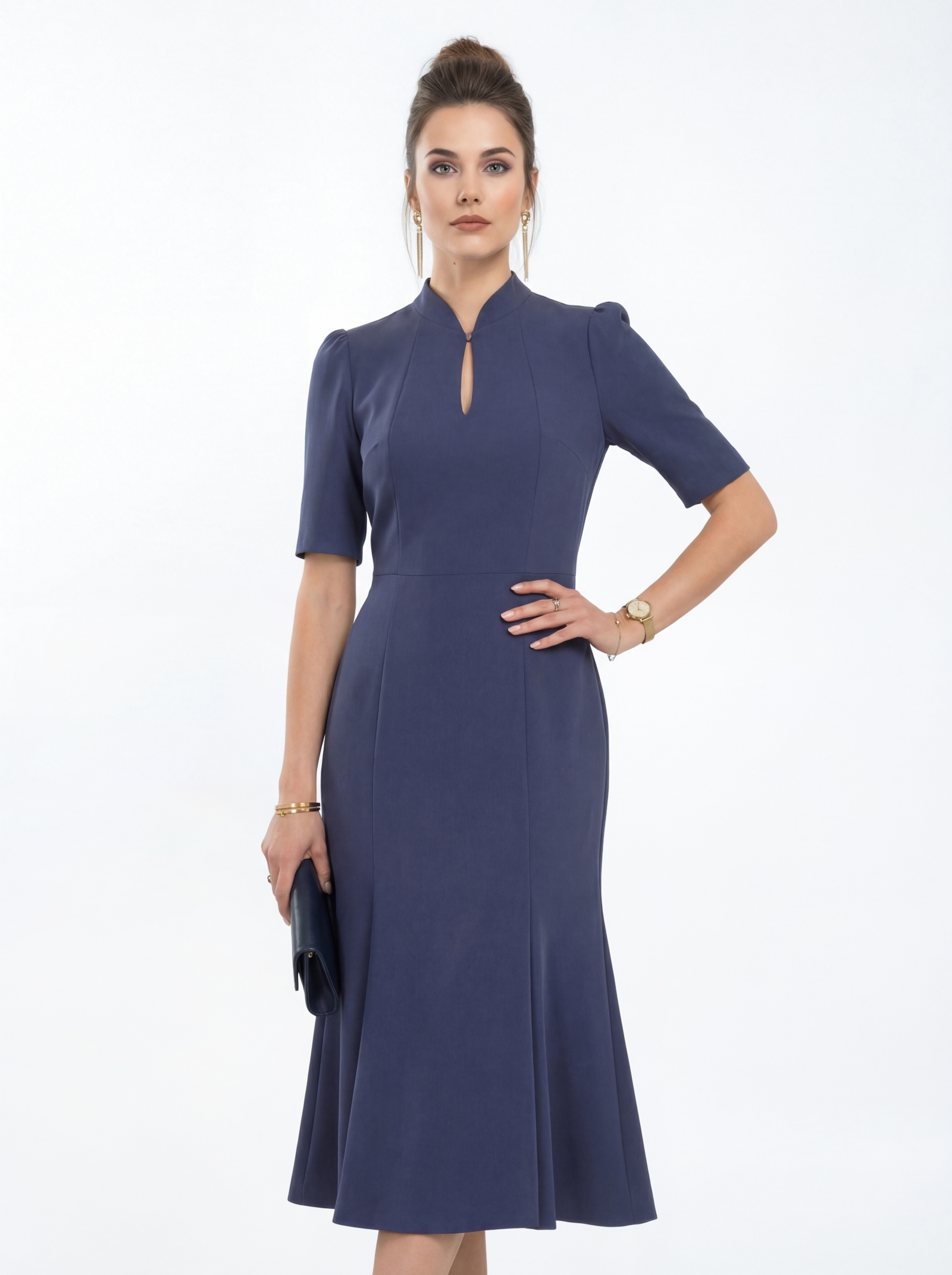Платье воротник-капля OD-761-4 синий джинс