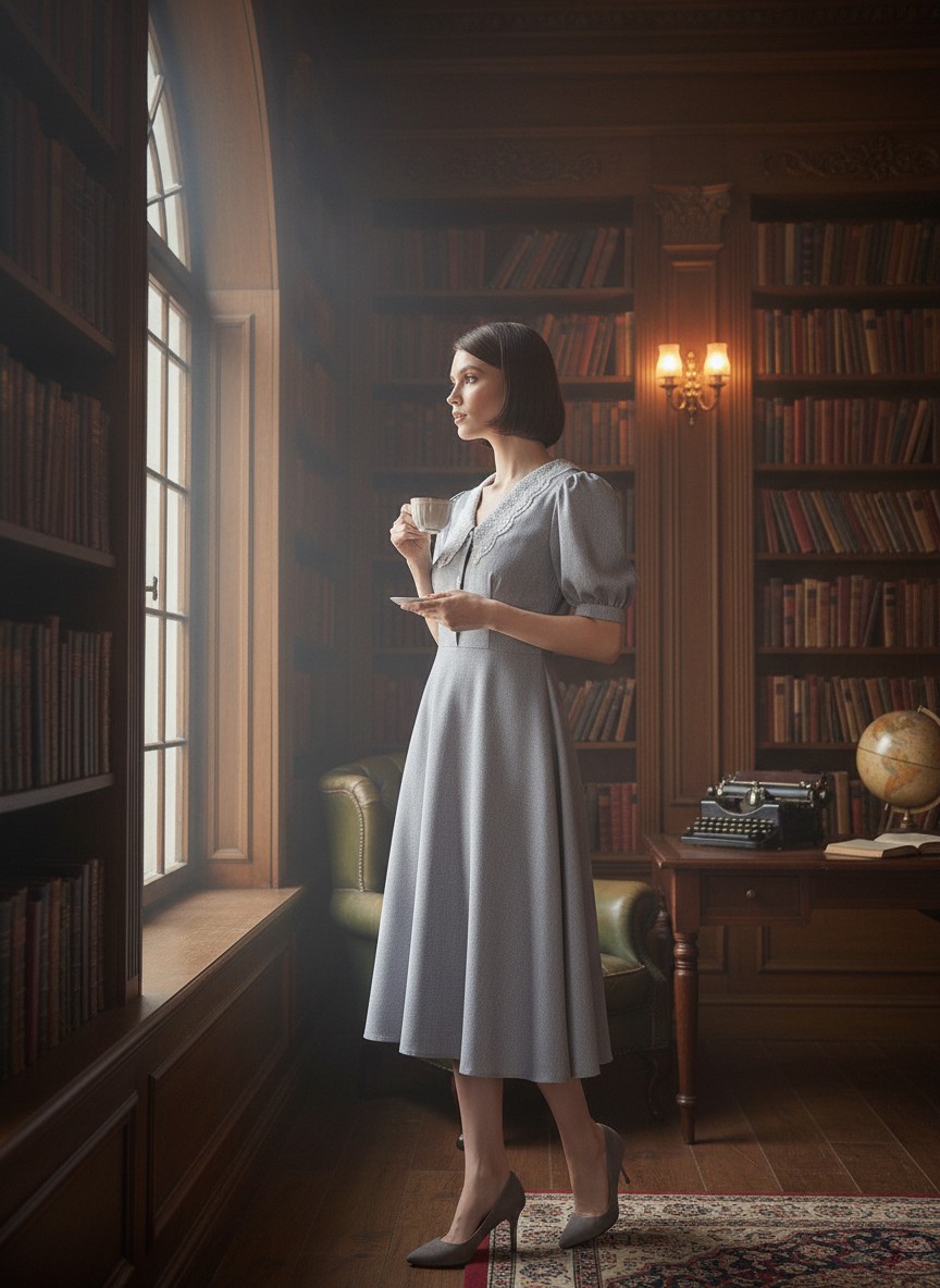 Платье с кружевным воротником  OD-888-2 св. серый