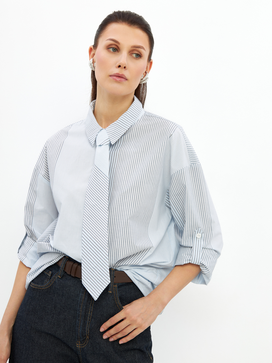 Рубашка полоса с галстуком OD-918-2 серо-голубая