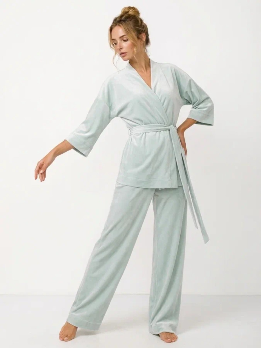 Пижама Кимоно+брюки из велюра OD-836-2 серо-зеленый