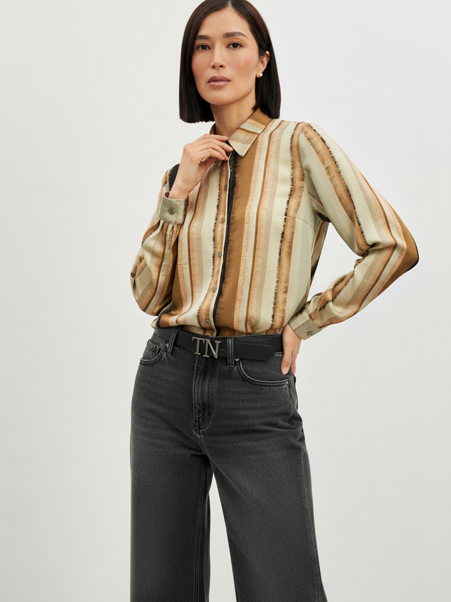 Блузка из атласной ткани OD-887-6 коричневый с серой полосой