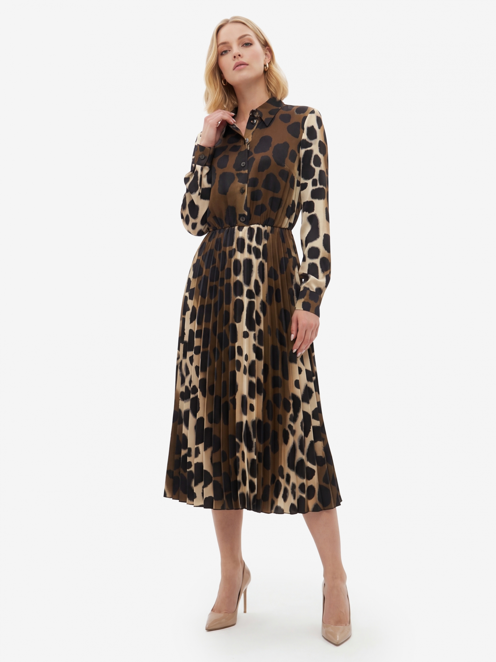 Платье с юбкой плиссе OD-883-1 леопард коричневый с хаки