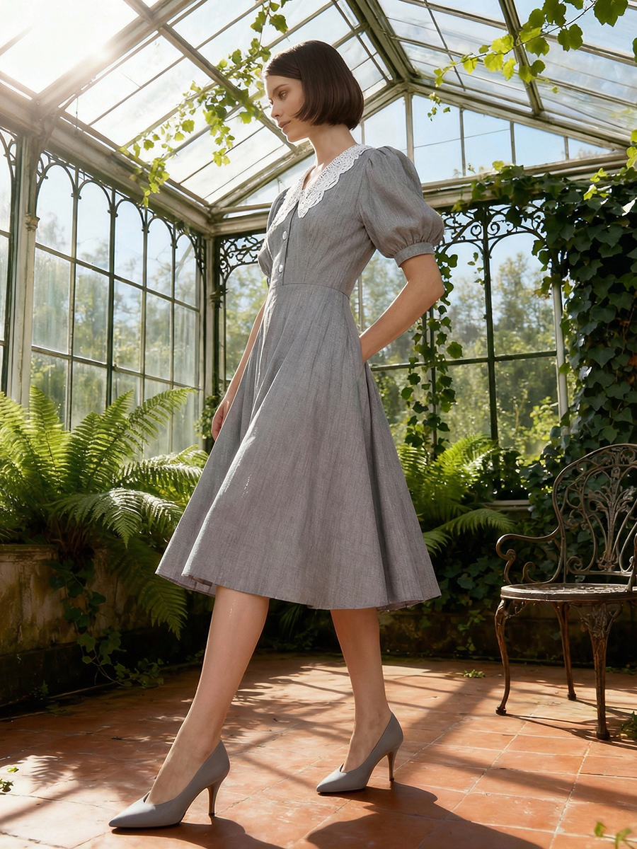 Платье с кружевным воротником  OD-888-2 св. серый