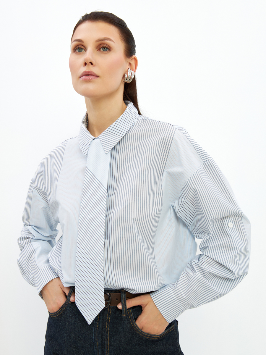 Рубашка полоса с галстуком OD-918-2 серо-голубая
