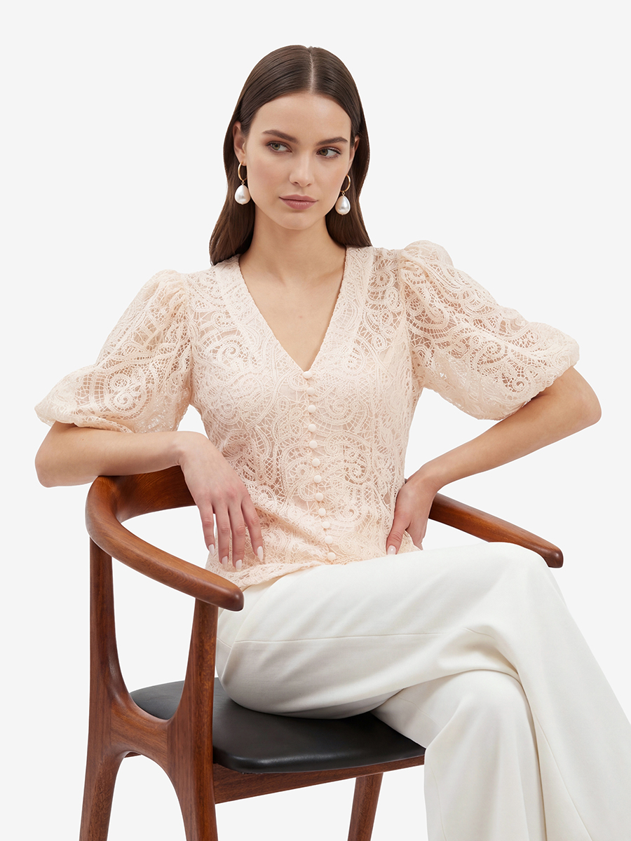 Блузка кружевная приталенная с объемным рукавом, лосось OD-1038-3