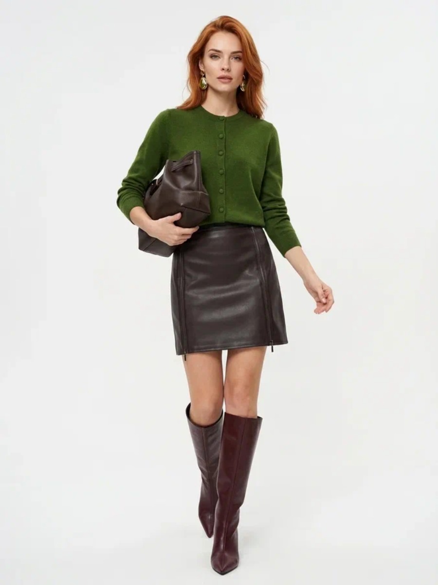 Юбка короткая из эко-кожи с молниями OD-1004-1, коричневый