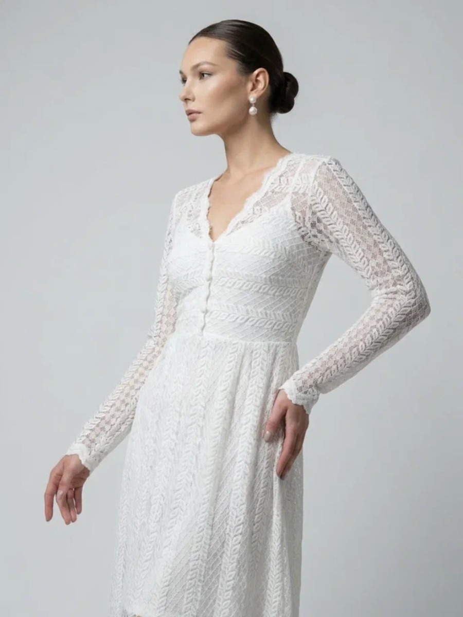 Платье из трикотажного кружева на подкладке с V-образным вырезом, белое OD-1017-2