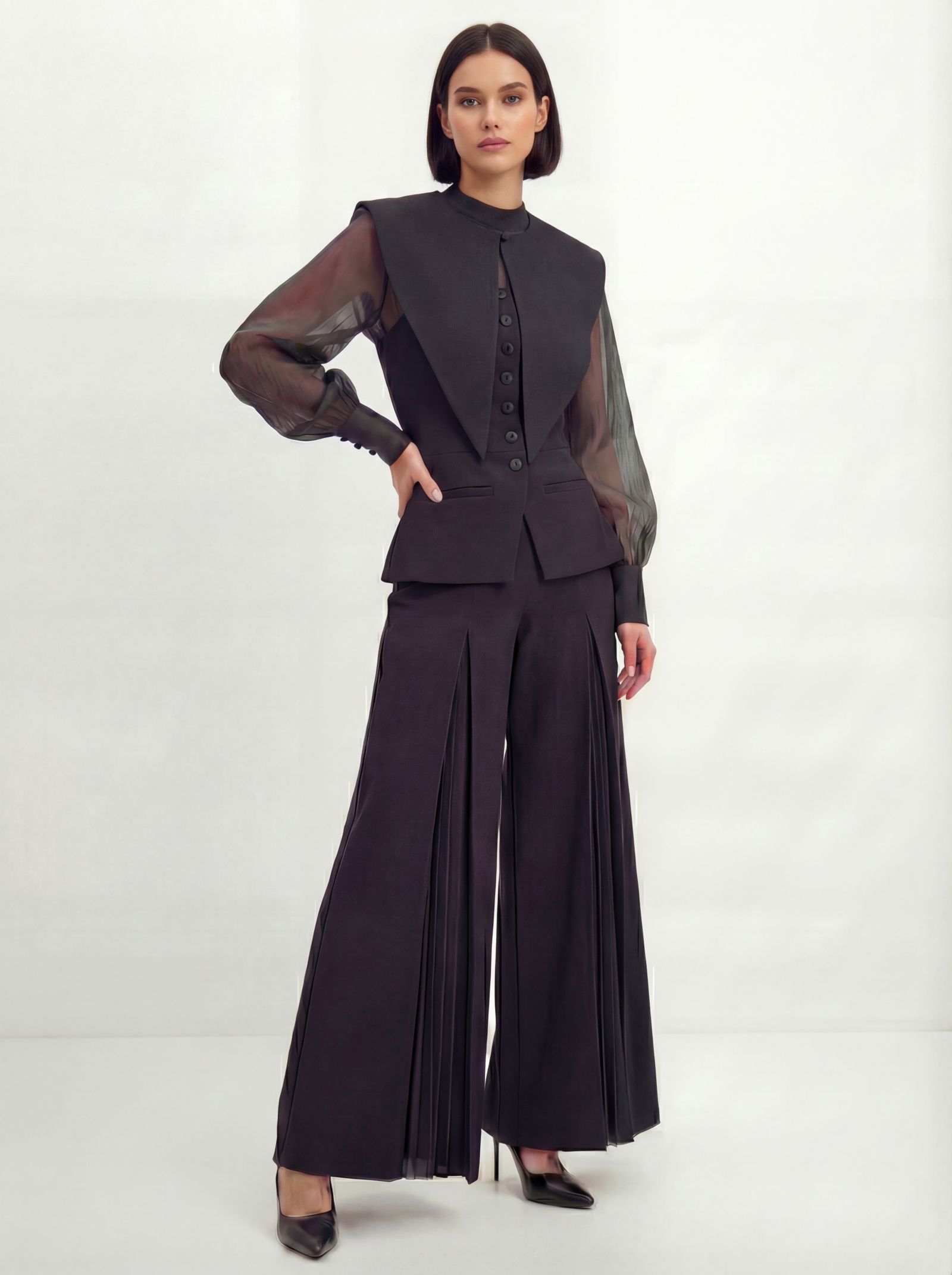 Блузка из органзы со съемным воротником OD-930-3 черный