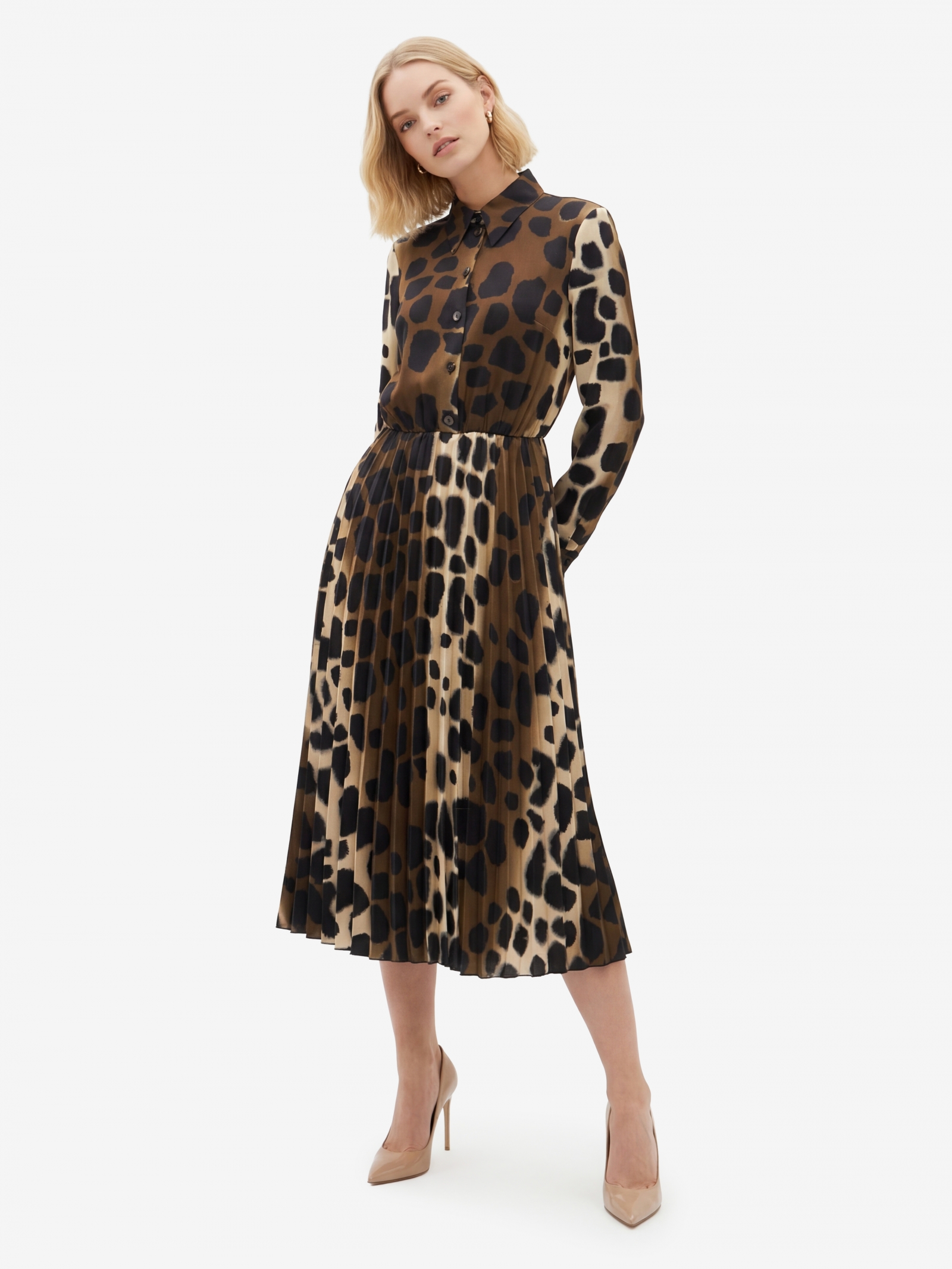 Платье с юбкой плиссе OD-883-1 леопард коричневый с хаки