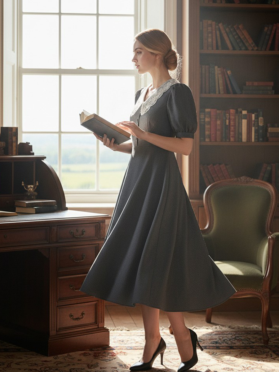 Платье миди с кружевным воротником OD-888-1, серый