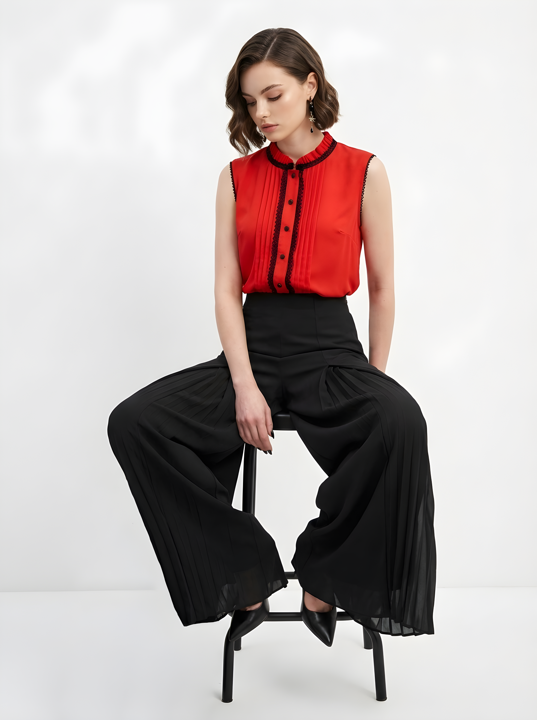 Блузка без рукавов с отделкой из тесьмы OD-973-3 красный