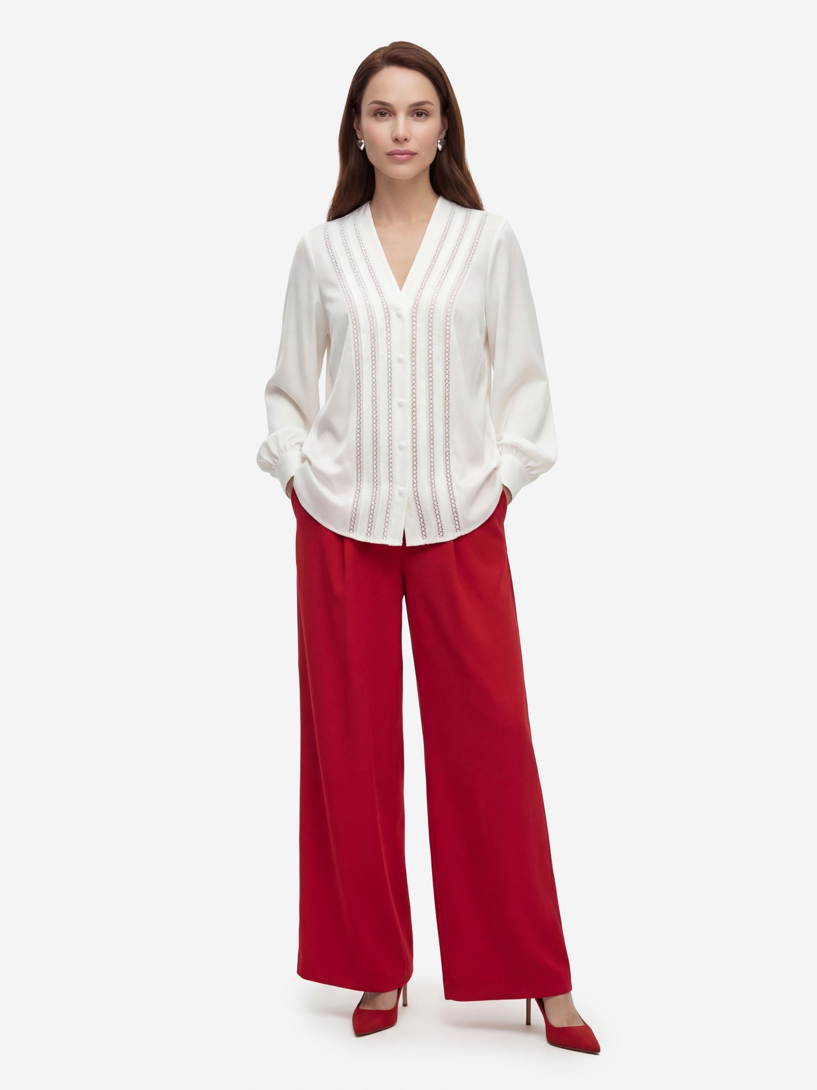 Блузка с V-образным вырезом и кружевом OD-1014-1 белый