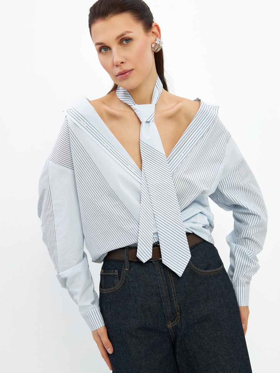 Рубашка полоса с галстуком OD-918-2 серо-голубая