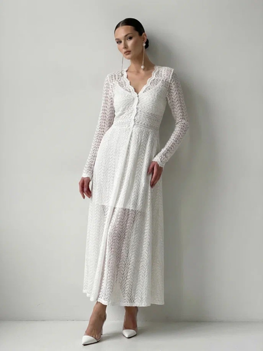 Платье из трикотажного кружева на подкладке с V-образным вырезом, белое OD-1017-2