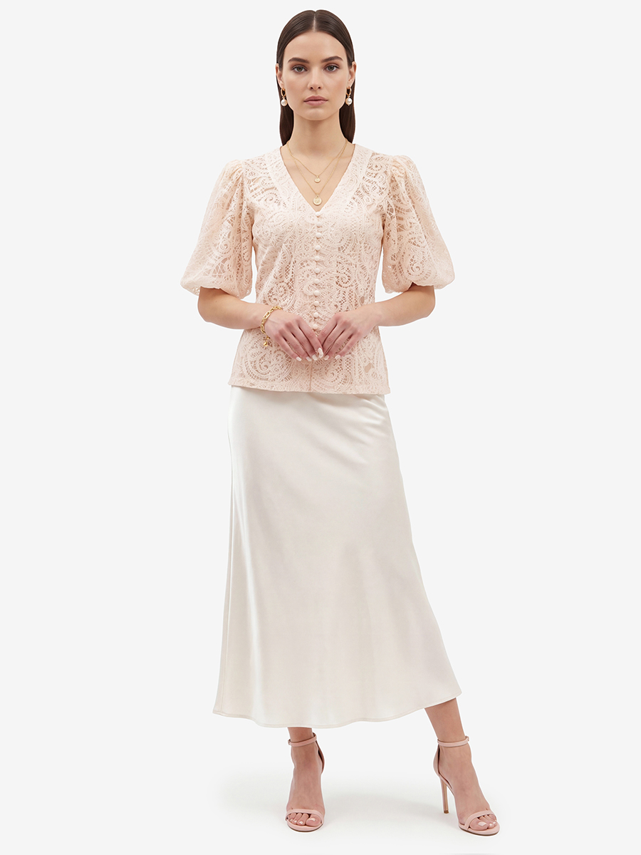 Блузка кружевная приталенная с объемным рукавом, лосось OD-1038-3