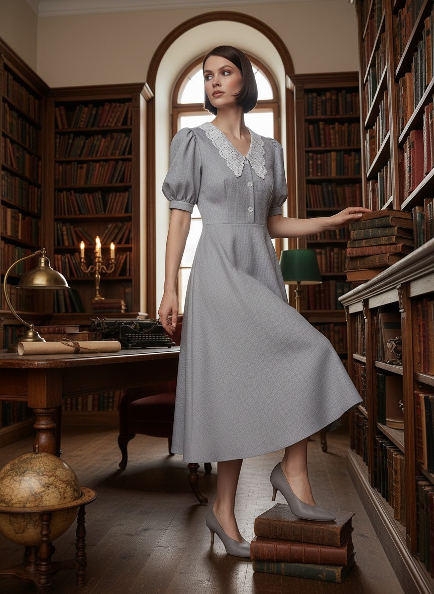 Платье с кружевным воротником  OD-888-2 св. серый