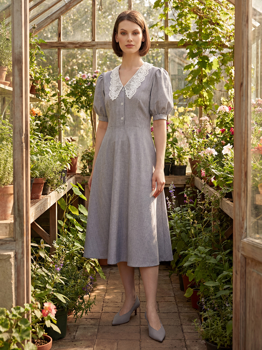 Платье с кружевным воротником  OD-888-2 св. серый