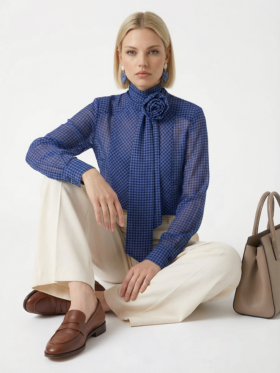 Блузка из органзы в клетку OD-984-1 фиолетовый с черным