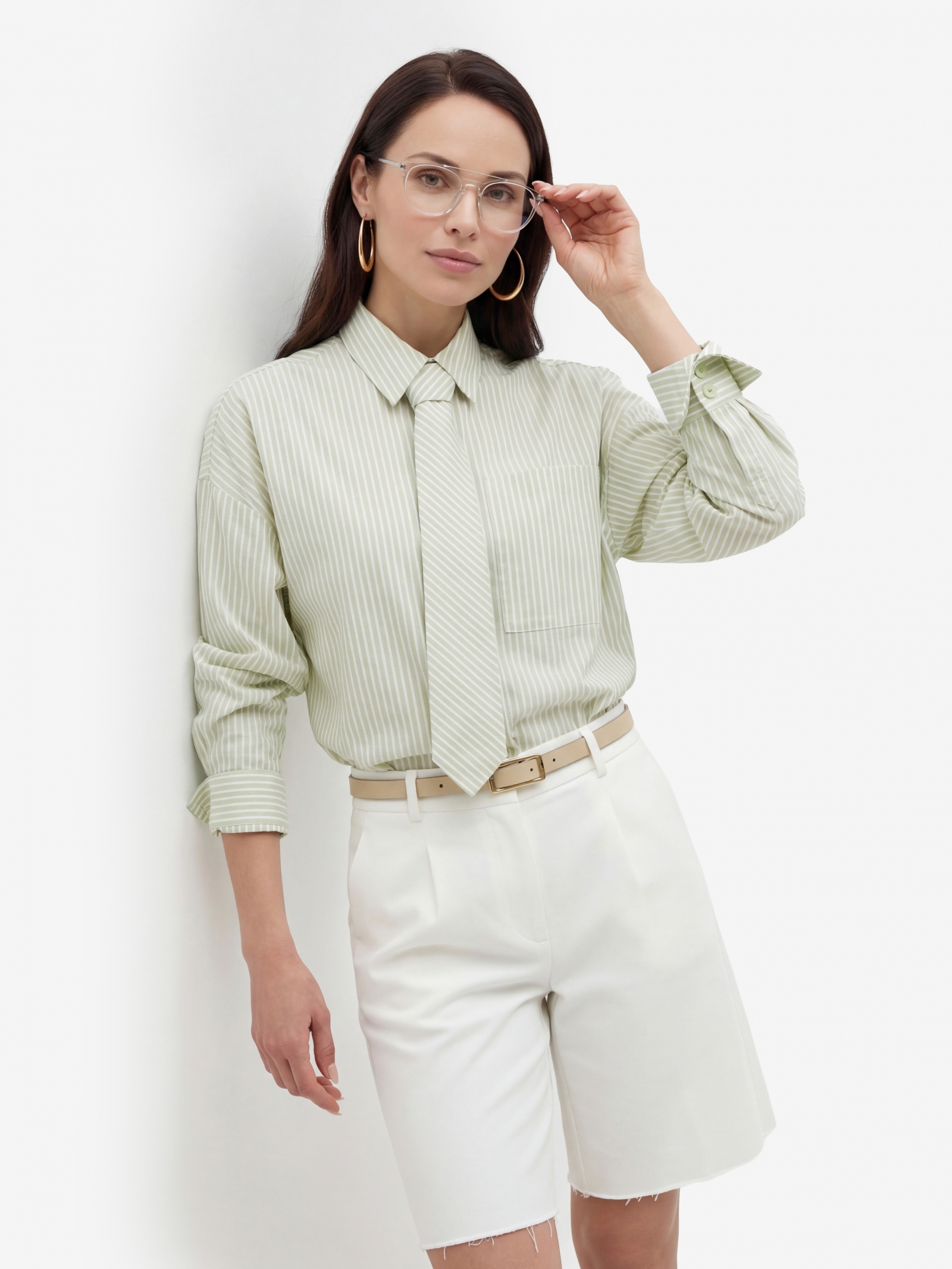 Рубашка из хлопка в полоску с галстуком OD-1031-1 зеленый