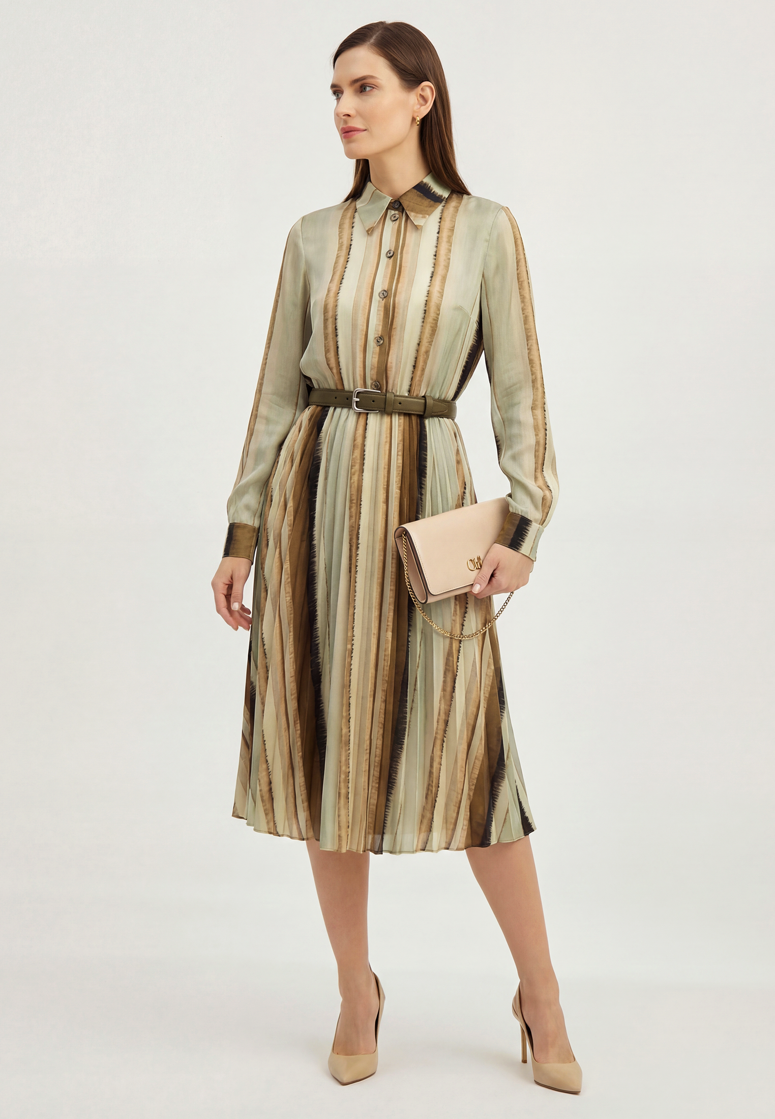 Платье с юбкой плиссе OD-883-2 коричневая с серой полосой