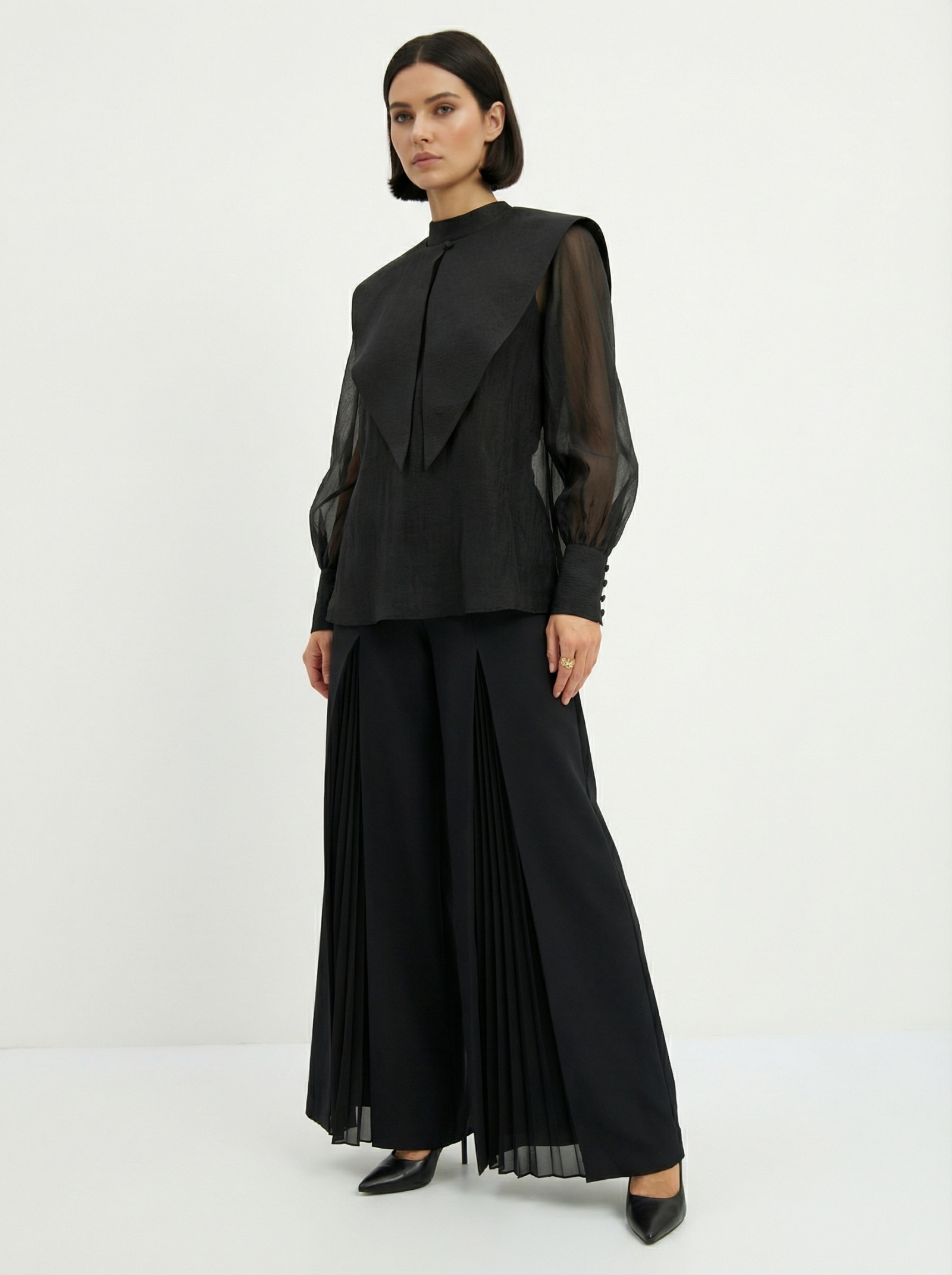 Блузка из органзы со съемным воротником OD-930-3 черный