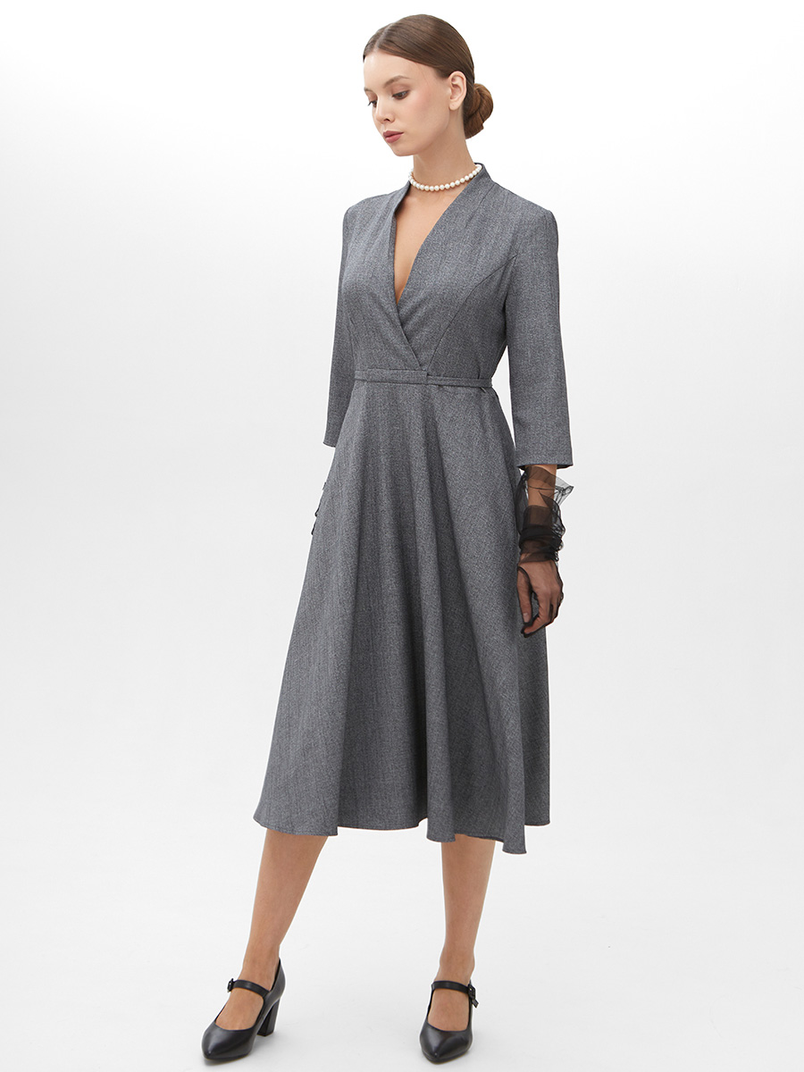 Платье с воротником стойка  OD-885-1 темно-серый