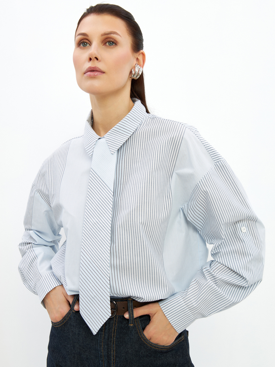 Рубашка полоса с галстуком OD-918-2 серо-голубая