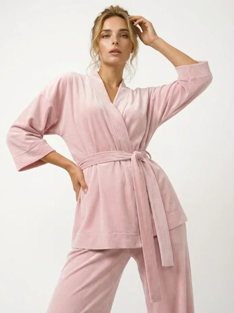 Пижама Кимоно+брюки из велюра OD-836-3 розовый
