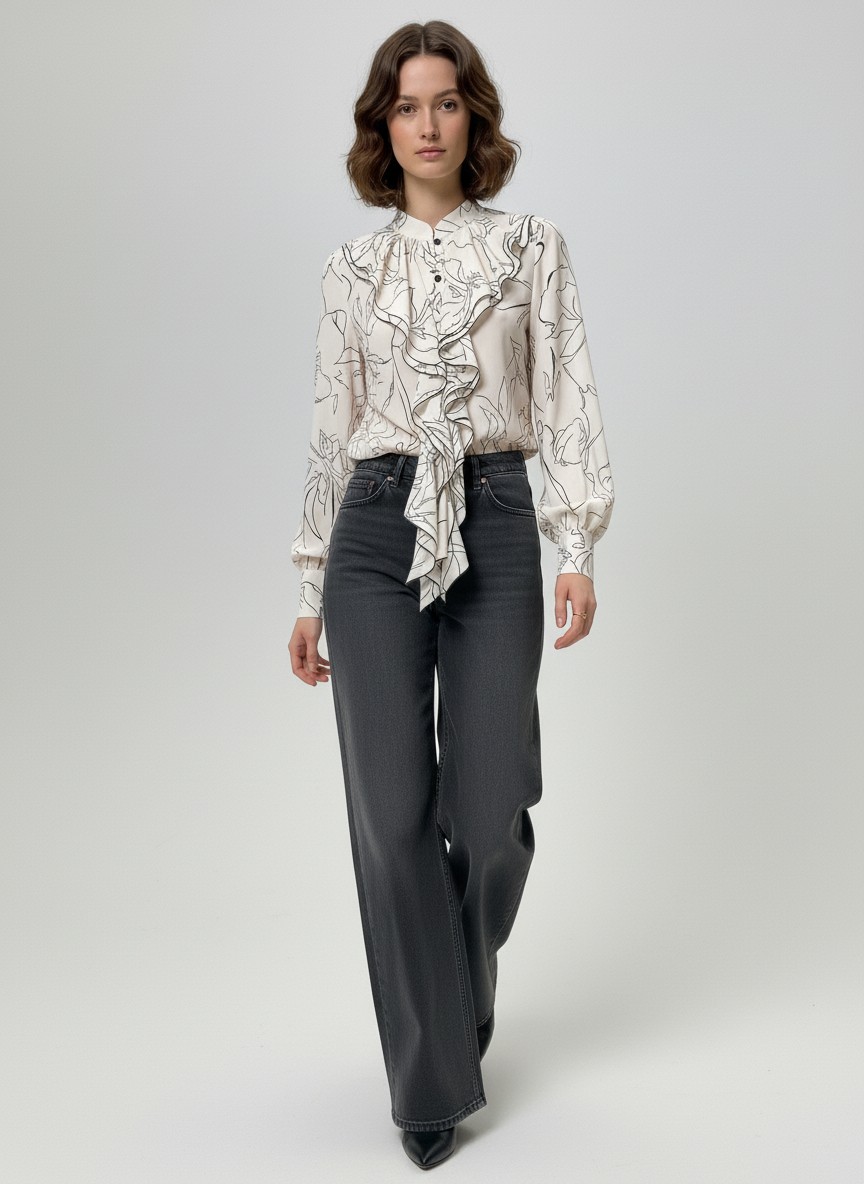 Блузка с отлетными рюшами OD-914-6 молочный с черным