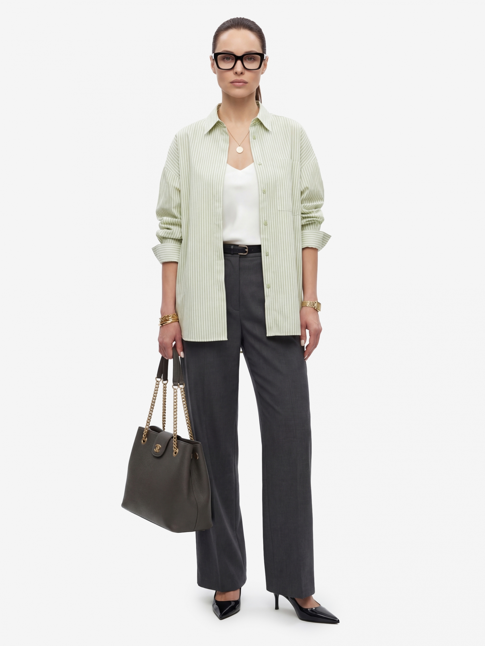 Рубашка из хлопка в полоску с галстуком OD-1031-1 зеленый