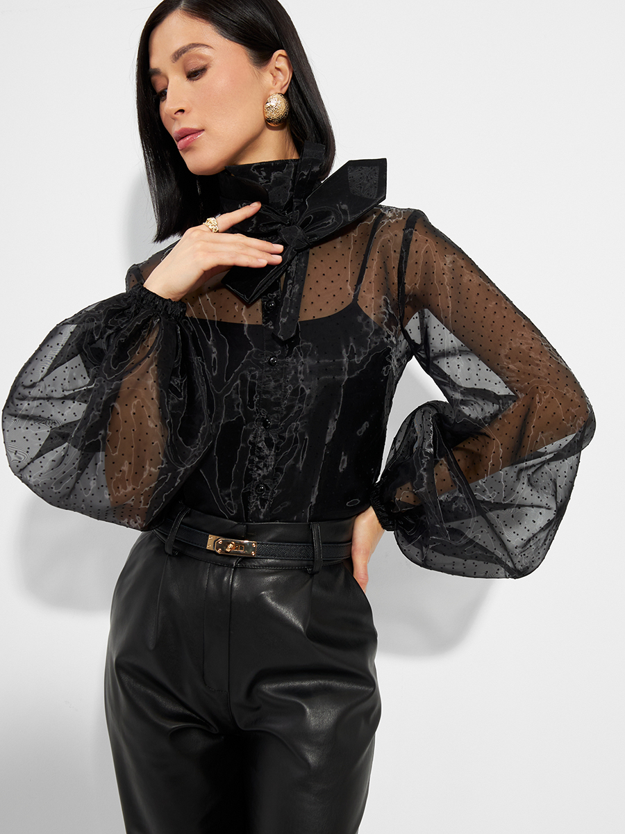 Блузка из органзы с мушками и галстуком OD-986-1 черный