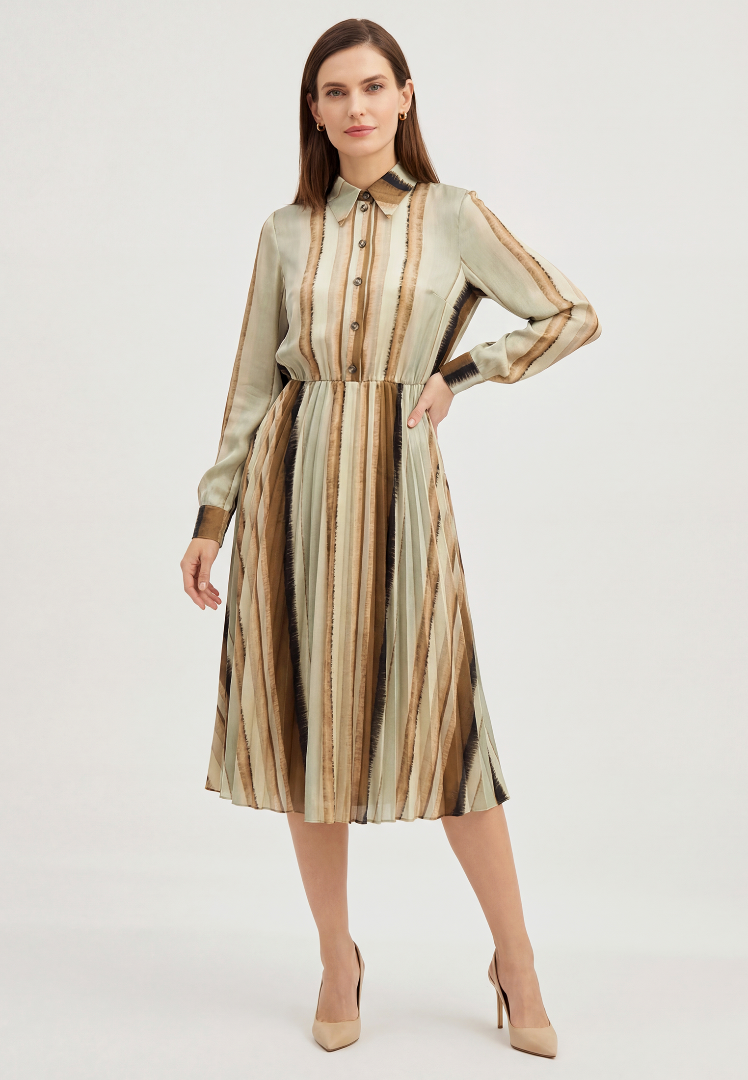 Платье с юбкой плиссе OD-883-2 коричневая с серой полосой